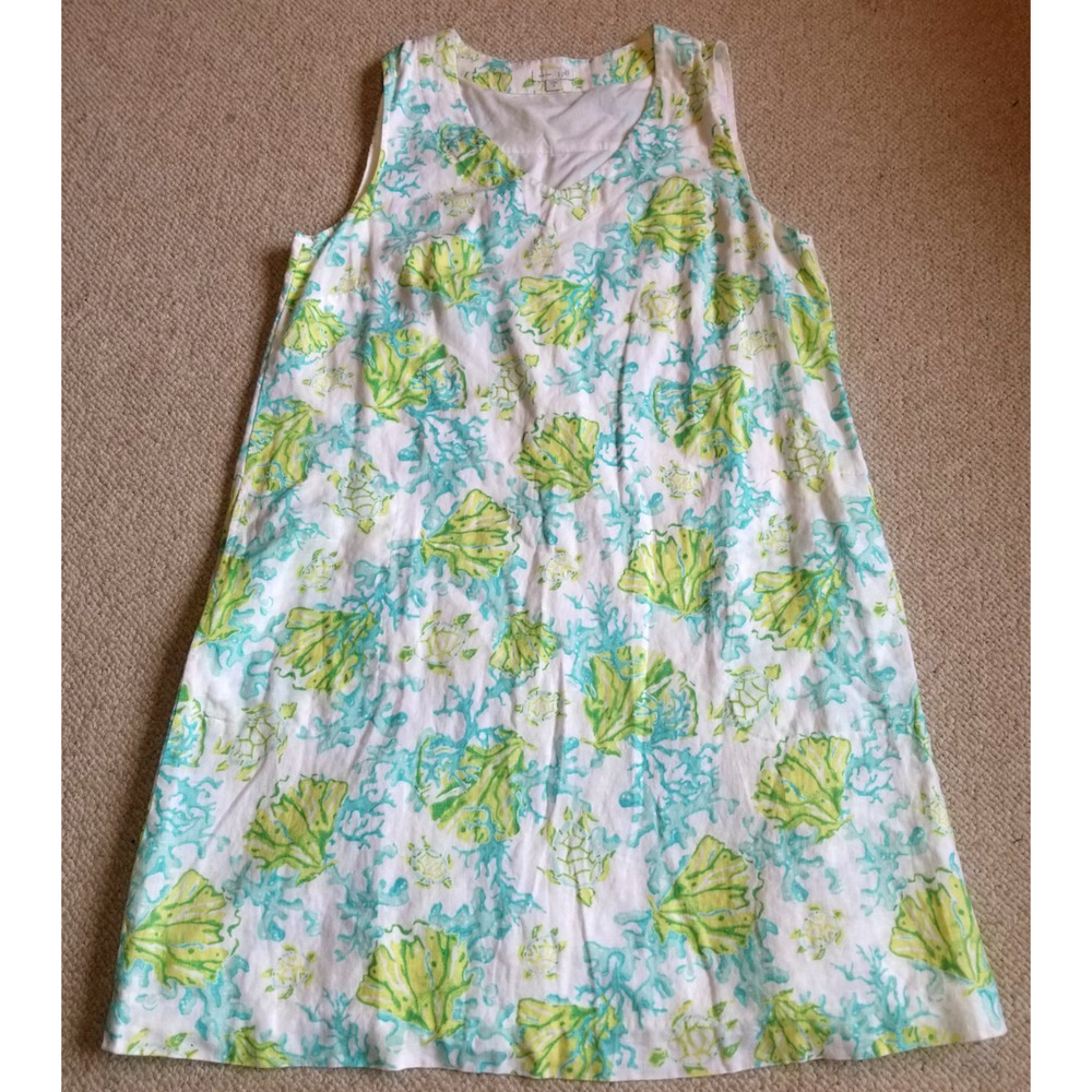 Womens Dress-J. JILL-LOVE LINEN-white/green/blue turtle/coral sealife beach-M